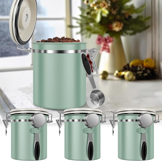 3PCS Coffee Storage Canister 1.5L 51OZ Double Airtight Coffee Beans Container with Date Locator 304 Stainless Steel Kitchen Food Storage Container with Spoon For Coffee Beans Grounds Tea Sugar