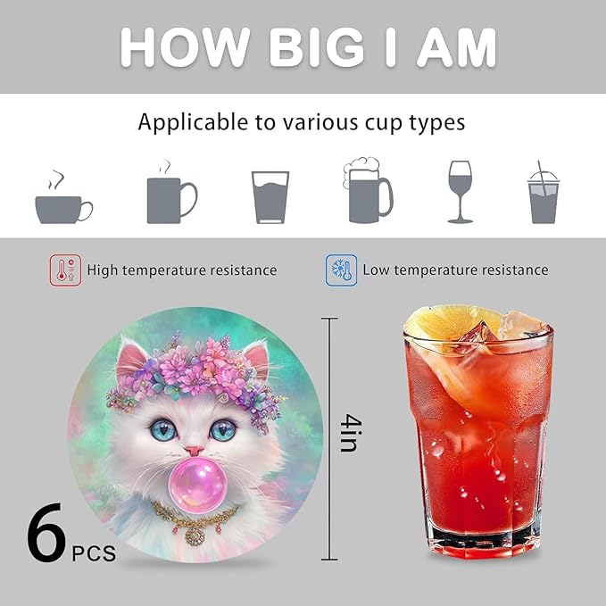 Puraikcmi Cat Lover Coasters Set of 6 with Holder, Ceramic, Multicolor, Funny Cat Designs, Drink Coasters for Table, Office, Desk, Bar, Gift