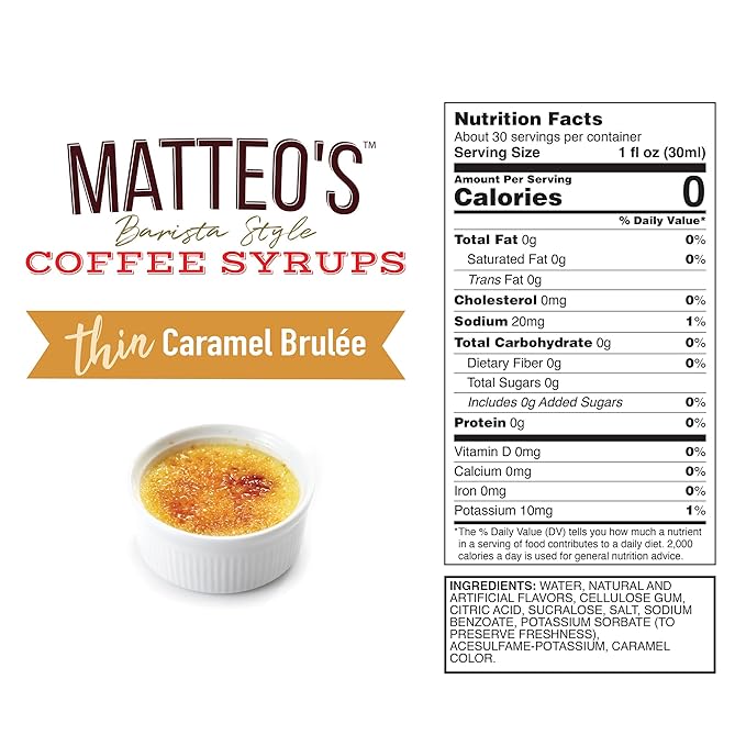Matteo's Caramel Brulee for Coffee, Lattes, Cappuccinos & Desserts – Sugar-Free Sweetener for Beverages, Keto Friendly, Zero Calories, Indulgent Flavor, Non-Alcoholic,Ideal for Hot Drinks 33.8oz (6pk)