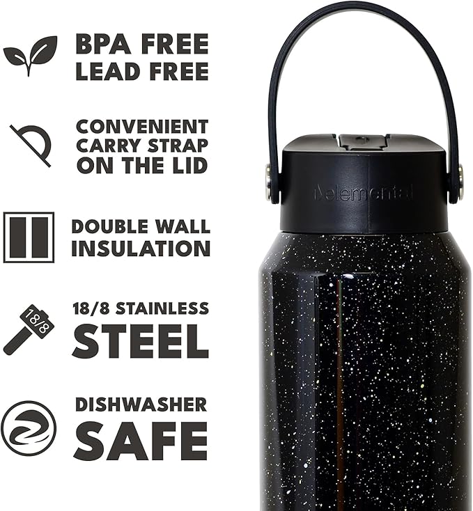 Elemental 40oz Insulated Water Bottle with Straw - 100% Leak-Proof Stainless Steel Core Water Bottles for Travel, Sports and Gym - Double Wall Insulation & BPA Free - Black Speckle