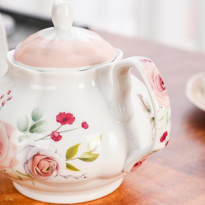 27oz Floral Porcelain Teapot, Classic Ceramic Teapot for Loose Leaf Tea & Tea Bags, Elegant Small Teapot with Rose Pattern, Dishwasher Safe