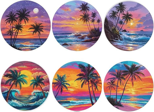 Sunset Beach Coasters for Drinks with Holder Round Leather Coasters Set of 6 Cups Mugs Mat Pad for Home Kitchen Bar