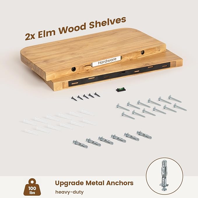 Reclaimed Elm Wood Floating Shelves for Wall Round Edge, 24"W x 9.2"D x 1.37"H, Set of 2 with Invisible Bracket, Wall Mounted Shelves for Living Room Bedroom Kitchen Bathroom Decor, Natural Finish