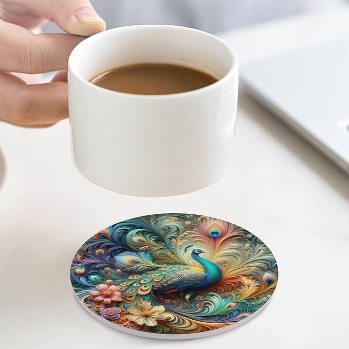 Round-4PCS Peacock Ceramic Coasters, Round Absorbent Drink Coasters, Beautiful Colorful Floral Peacock Art Pattren Ceramic Table Coasters for Coffee, Beverage, Wine, Beer Coasters