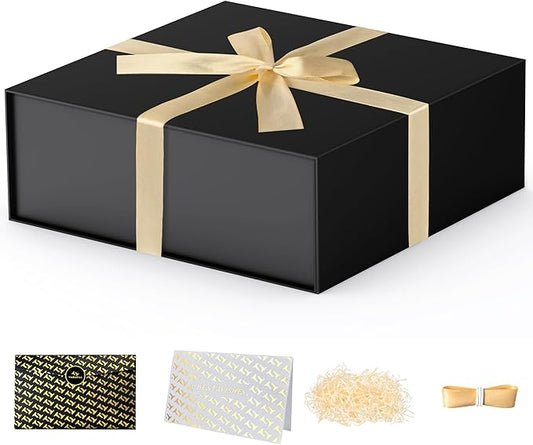 TILSWALL Gift Box 7.5''x7.2''x2.8'' Black Gift Boxes with Magnetic Lids for Presents, Rectangle Collapsible Luxury Gift Box for Proposal, Wedding, Christmas, Birthday, Contains Card, Ribbon, Filler