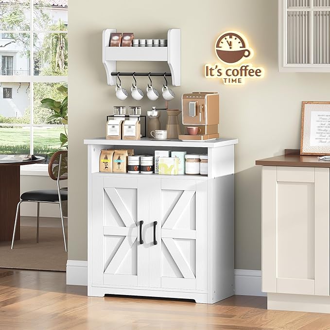 Coffee Bar Cabinet, Kitchen Island with Storage, Farmhouse Sideboard Buffet Cabinet with Dual-Purpose Floating Shelf and Hooks, for Kitchen, Restaurant, Living Room, White KF22WT