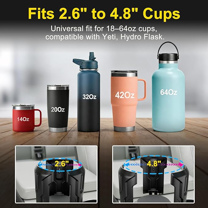 Cup Holder Expander (Adjustable Holder & Base, Auto-Fit Hold, One Button Open), Car Cup Holder Expander for Yeti, Hydro Flask, Nalgene, Owala, Bottles in 2.6"- 4.8" (2 Pack, Black)