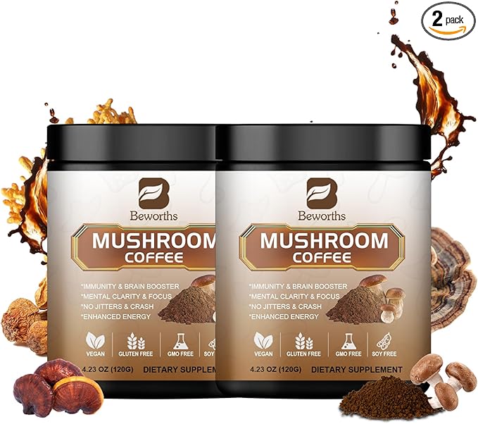 2Pack Mushroom Coffee - Lions Mane Mushroom Powder Arabica Instant Coffee with Lion's Mane, Reishi, Chaga, Cordyceps and Turkey Tail - Mushroom Coffe Alternative Support Immune & Focus, Brain Booster
