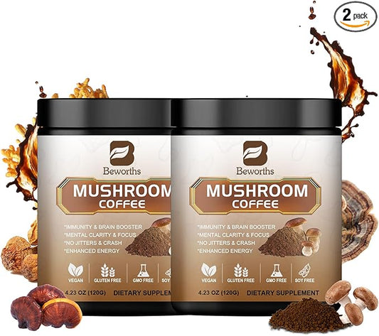 2Pack Mushroom Coffee - Lions Mane Mushroom Powder Arabica Instant Coffee with Lion's Mane, Reishi, Chaga, Cordyceps and Turkey Tail - Mushroom Coffe Alternative Support Immune & Focus, Brain Booster