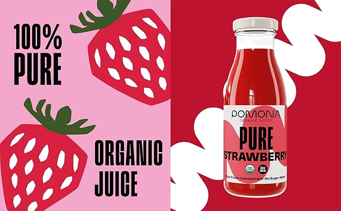 Pomona Organic Strawberry Juice (Pack of 12), Cold Pressed USDA Organic Juices with 100% Strawberries, No Added Sugar, Not From Concentrate, Vegan, Kosher, Non GMO, Pasteurized, 8.4 oz Glass Bottles