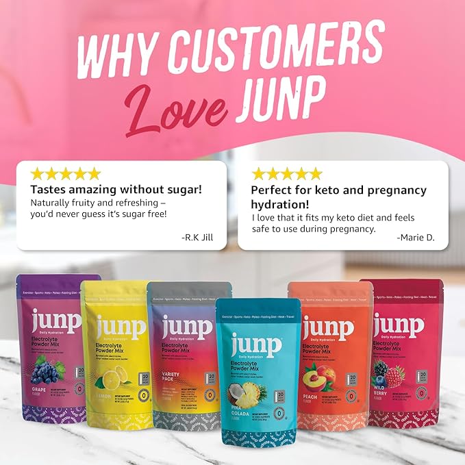 JUNP Sugar Free Electrolytes Powder Packets for Water Instant Hydration Packets with Salt & Potassium, Zero Calorie, No Carbs No Sugar Electrolyte Drink Mix Sticks, Keto Friendly, Wild Berry 20 Pack