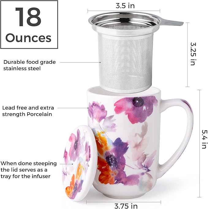 AmorArc Porcelain Tea Mug with Infuser and Lids, 18 Oz Large Cup Strainer with Bag Holder for Loose Leaf Tea, Steeping Coffee Mug for House-warming Wedding Birthday Gift