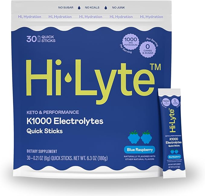 Hi-Lyte K1000 Blue Raspberry Electrolytes Powder Packets, 30 Servings - 1000mg Potassium + Magnesium, Sodium, Trace Minerals - 0 Carbs, 0 Sugar