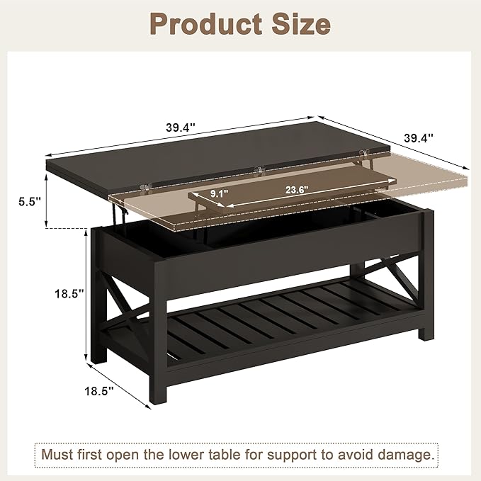 ChooChoo Coffee Table Lift Top, Multi-Function Convertible Coffee Table with Storage and Hidden Compartment, Converts to Dining Table for Living Room, 40 Black
