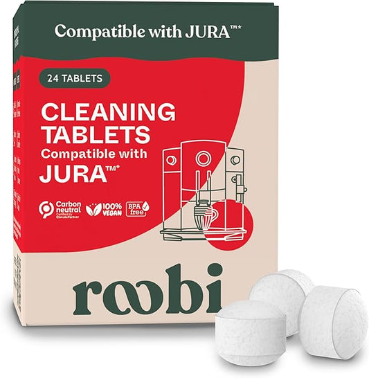Roobi Compatible Cleaning Tablets for Jura. 24 Jura Cleaning Tablets for Automatic Espresso Coffee Machines. 100% Vegan, Carbon Neutral.