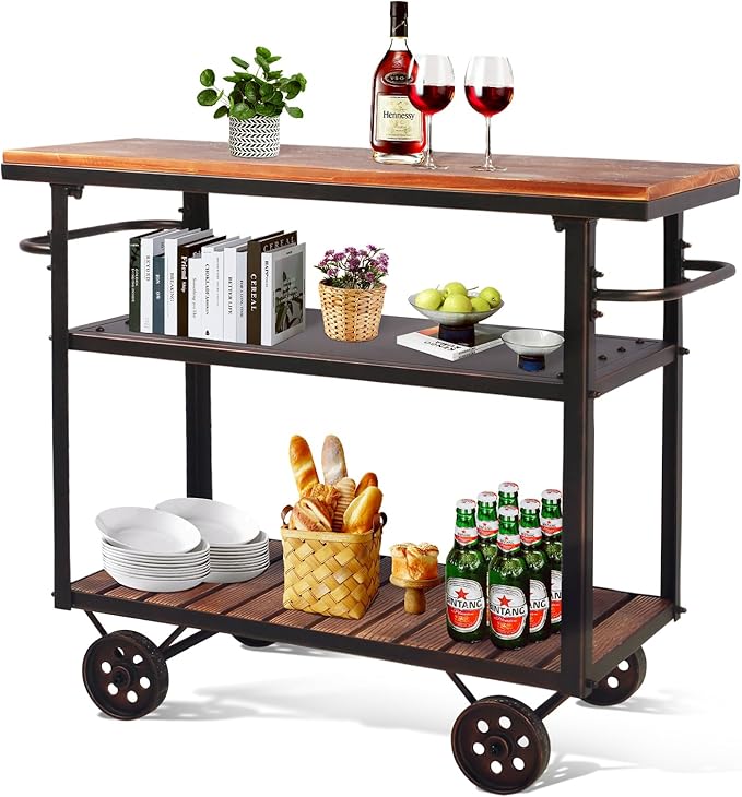 Topower Industrial Bar Cart, Serving Cart with Wheels and Handle, 3-Tier Beverage Metal Cart with Removable Tray and Storage Shelves for Living Room Kitchen, Rustic Copper