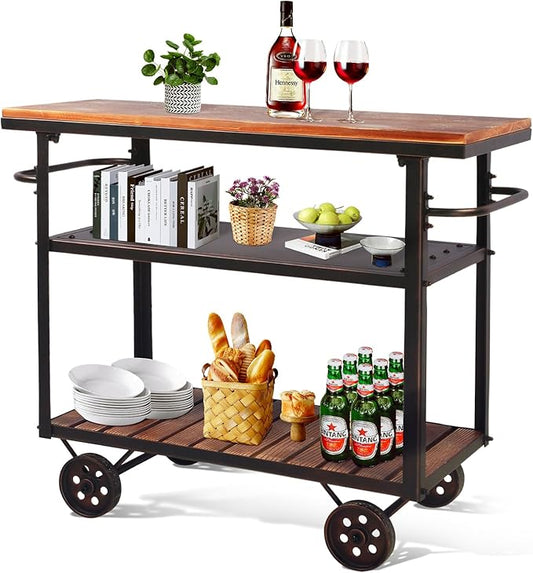 Topower Industrial Bar Cart, Serving Cart with Wheels and Handle, 3-Tier Beverage Metal Cart with Removable Tray and Storage Shelves for Living Room Kitchen, Rustic Copper