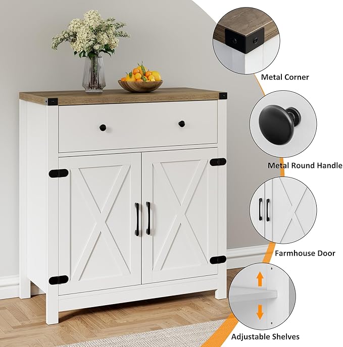 Coffee Bar Kitchen Storage Cabinet,Sideboard Buffet with Storage,Farmhouse Bar Door Kitchen Cabinet with Drawer and Adjustable Shlef, White,(13.8" D x 31.5" W x 34.65" H inch