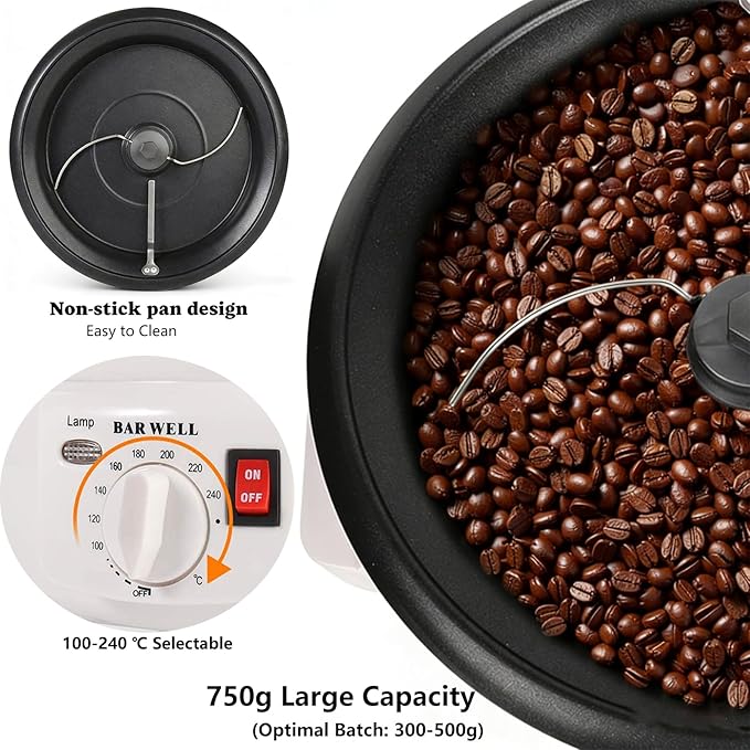 Home Coffee Roaster, Household Electric Coffee Bean Baker Nut Peanut Cashew Chestnuts Roasting Machine Adjustable Temperature 1.6 Pounds Capacity for Cafe Shop/Home No Stovetop Required Smoke Reduce