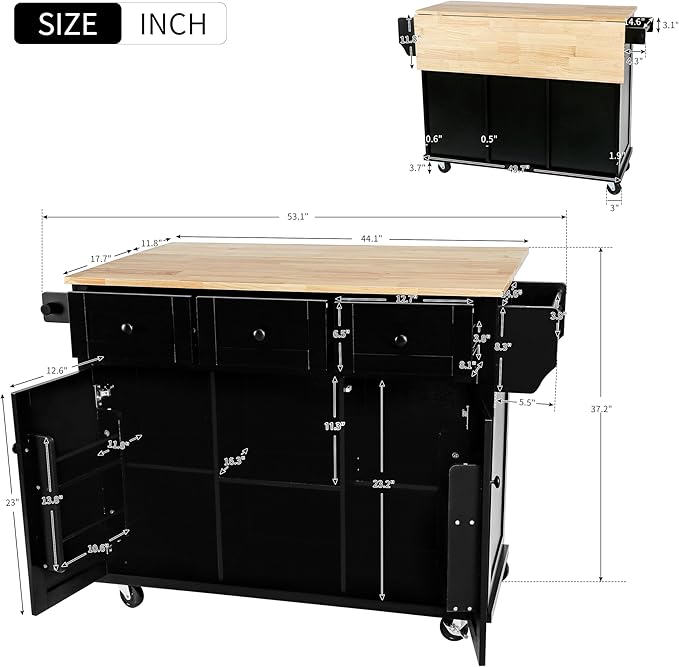 Yayzy Rolling Kitchen Island with Drop Leaf, Cabinet Door Storage Racks & 3 Drawers, Mobile Kitchen Cart with Rubberwood Top & Locking Wheels for Dining Room & Kitchen, 53-Inch, Black