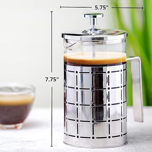 OVENTE French Press Coffee Maker 27 Ounce with Heat Resistant Borosilicate Glass, Stainless Steel Design and 4-Level Filter System, Portable Cold Brewer Pot for Travel, Camping or Gift, Silver FSS27P