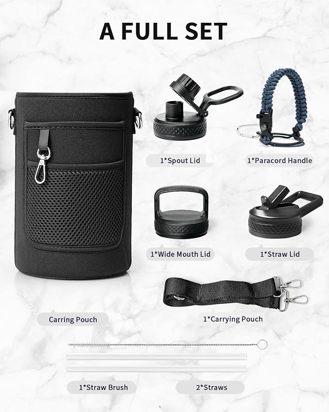 Trebo Water Bottle 64oz with Paracord Handle, Half Gallon Large Vacuum Double Wall Stainless Steel Insulated Water Jug with Holder Strap Straw Spout Lids, Leakproof Keep Cold & Hot, Grayish purple