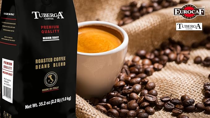 Tuberga Premium Quality, Whole Bean Coffee, Medium Roast, 2.2 Ib Bag, Original Italian Coffee. (Pack of 1)