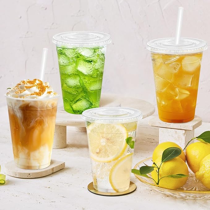 Clawsoff 16 oz 100 Pack Plastic Cups with Lids and Straws, Sturdy Food Safe Iced Clear Coffee Cups Disposable Smoothie Cups for Cold Drinks