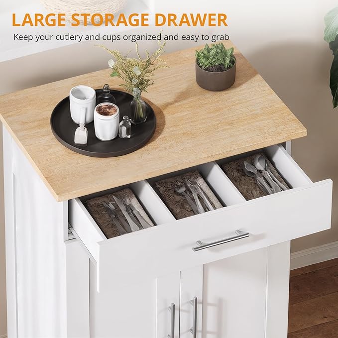Kitchen Island Cart, Small Kitchen Island with Storage - Large Drawer, Adjustable Shelf & Towel Rack, Mobile Rolling Kitchen Island with Wheels, Space-Saving White Kitchen Organizer for Dining Room