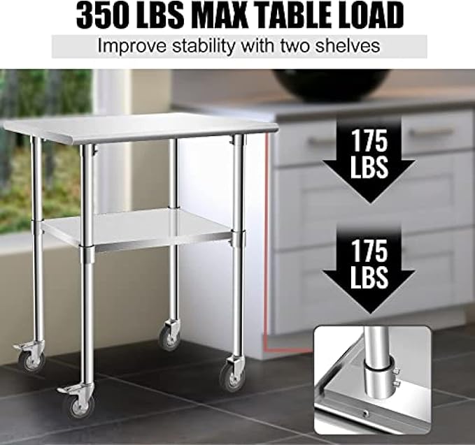 Stainless Steel Table - Metal Table Cart - Commercial Workbench with Caster Wheel - NSF Certified - for Restaurant, Warehouse, Home, Kitchen, Garage,36''x30''