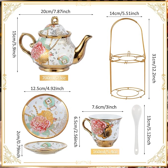 Zhehao 20 Pcs Porcelain Tea Set with Metal Holder and Spoon Adult Ceramic Tea Set European Flower Painting Teapot Cup Saucer Spoon for Women, Large Version (Bright Style)