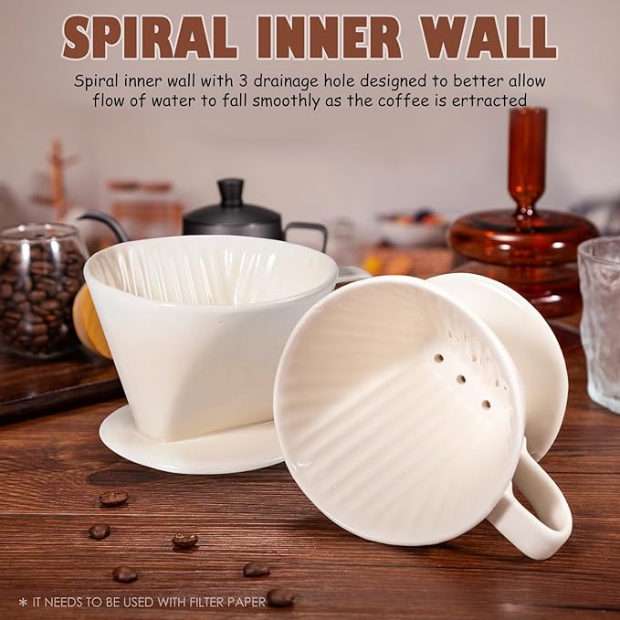 Pour Over Coffee Dripper, Ceramic Pour Over Coffee Maker with 3 Holes Flat Bottom, Easy Manual Brew Maker, Porcelain Slow Filter Cone for Travel, Camping, Office, Home, White