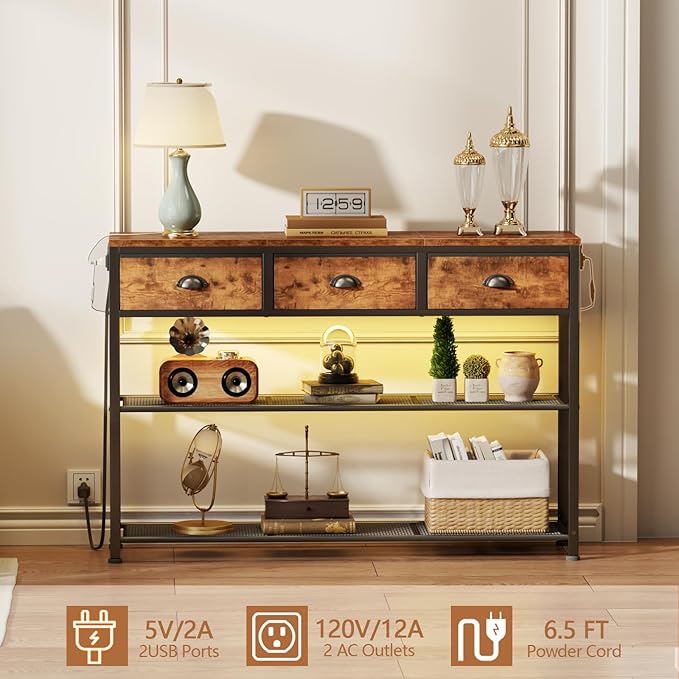 Furologee Console Table with Charging Station & 3 Fabric Drawers, 38'' Entryway Table with Storage Shelves and LED Light for Entry Way, Industrial Display Shelf for Hallway, Foyer, Rustic Brown | 3 Fabric Drawers, Storage Shelves, LED Light, Entry Way,...