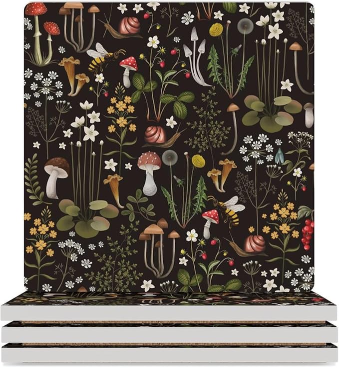 Botanical Drink Coasters, Square Ceramic Drink Coaster Square-4PCS, Cartoon Mushroom Floral Plants Pattern Botanical Decor Absorbent Ceramic Coasters for Beverage Cup, Bar, Coffee Table