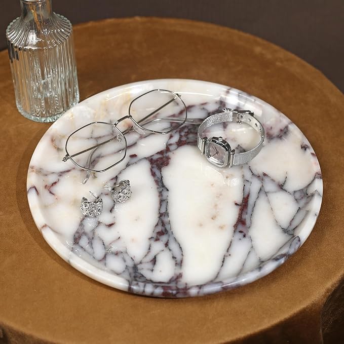 Natural Marble Tray, Coffee Table, Food, Fruit, Paper Cup, Cake Display, Coffee bar, Family Gatherings, Seasonal Holiday Decoration Tray(Viola-Circular-9.8"x9.8"x0.7")