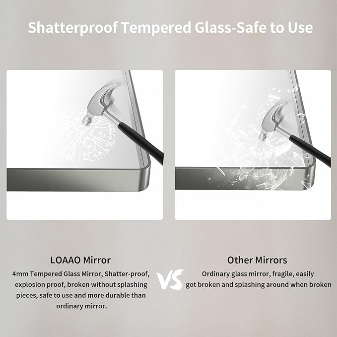 LOAAO 60X28 Inch Brushed Nickel Bathroom Mirror, Rounded Rectangle Silver Metal Frame Mirror, Brushed Nickel, Anti-Rust, Shatter Proof, Hangs Horizontally or Vertically