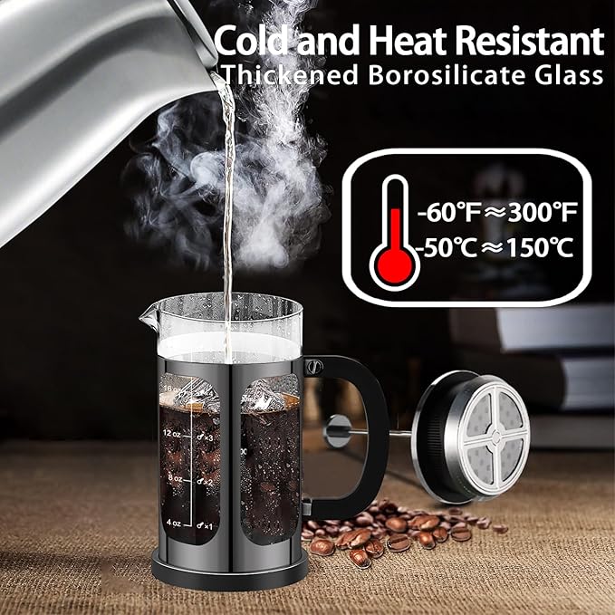 YMMIND French Press Coffee Maker (21oz 600ML 3-4Cup) Coffee Press, with 4 Filters System, Heat Resistant Thickness Borosilicate Glass, Cold Brew Coffee Tea Pot Gifts (Bright Black)