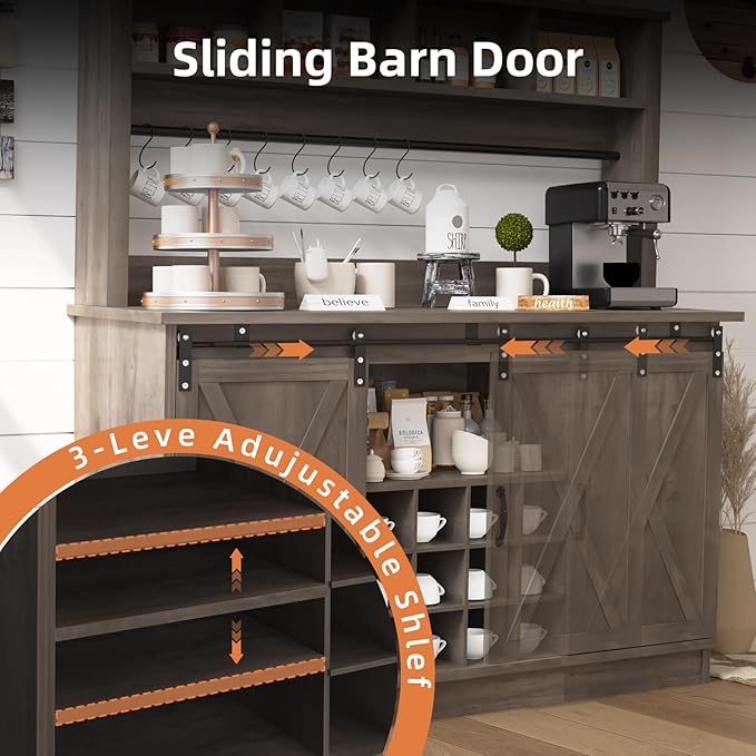 4ever2buy Farmhouse Coffee Bar Cabinet with 4 Storage Hutch, 55”Coffee Bar with Sliding Barn Doors, Hutch Cabinet with 12 Wine Racks & 8 Hooks for Dining Room, Kitchen, Wash Grey