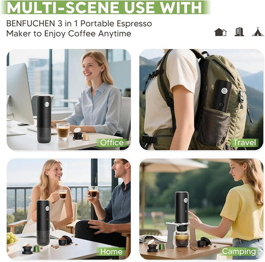 BENFUCHEN 3 in 1 Portable Electric Espresso Machine for Nespresso Capsule, Travel Coffee Maker with Ground Coffee for Camping, RV, Hiking, Office,Car Coffee Maker Self-Heating with USB-C (Black)