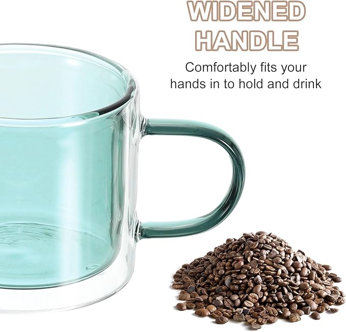 uxcell 8.4 oz Double Wall Glass Coffee Mugs, Glass Tea Cup with Widened Handles for Espresso Coffee, Cappuccino, Tea Bag, Latte, Hot Cold Beverages, Juice, Green