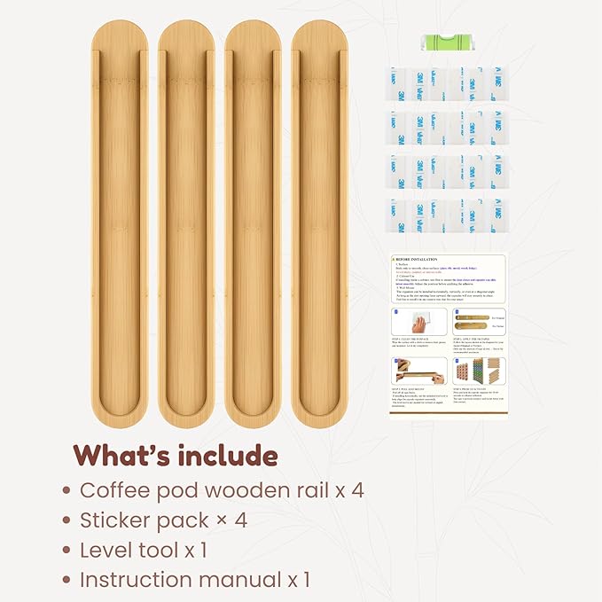 Bamboo Coffee Pod Holder, Adhesive Wall Mount (No Drilling) for Cabinet Door, 36-Capsule Storage (Set of 4) — Vertical/Horizontal — Compatible with Nespresso Original Line-Bamboo Brown