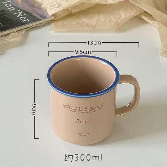 10 oz Retro Enamel-Style Coffee Mug, Minimalist Colorful Rim Ceramic Cups With Text Deign & Colorful Rims (Beige)