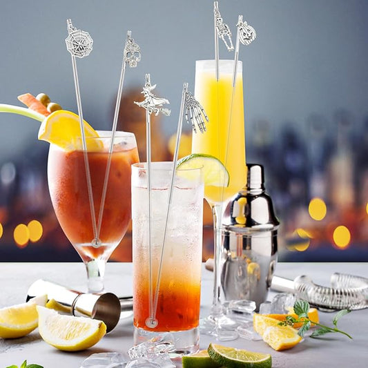 6Pcs Halloween Skull Charms Cocktail Stirrers Swizzle Sticks Stainless Steel 7.5" Coffee Beverage Stir Sticks for Mixing Cocktail, Hot Cocoa, Creamer