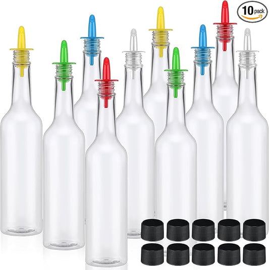 Tioncy 10 Sets 15oz Plastic Liquor Bottles with Pourers Sets 10 Plastic Long Neck Syrup Bottles with Pourer and Caps Reusable Leakproof for Home Party Bar (Multicolor)
