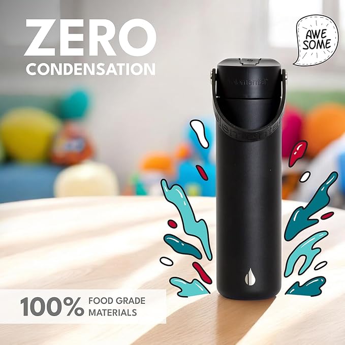 Elemental 24oz Insulated Water Bottle with Straw - 100% Leak-Proof Stainless Steel Core Water Bottles for Travel, Sports and Gym - Double Wall Insulation & BPA Free - Black