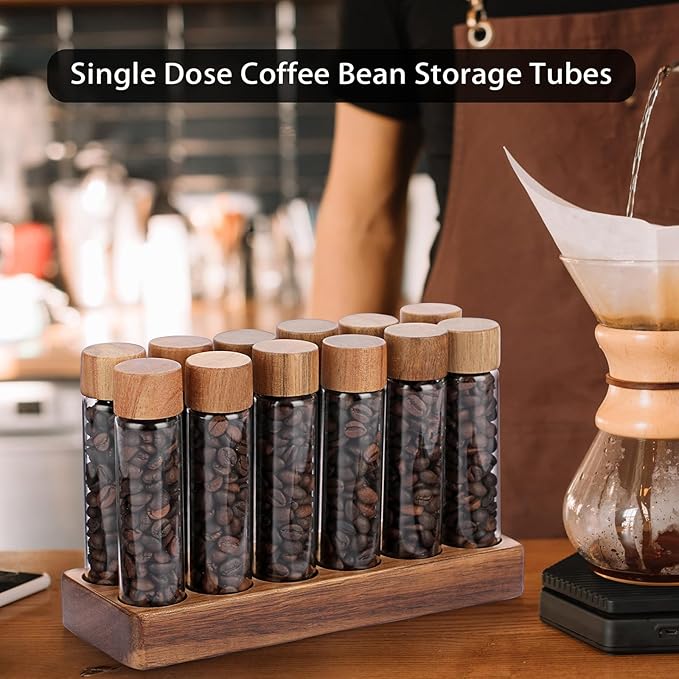JUXYES Set of 12 Single Dose Coffee Bean Storage Tubes with Wooden Stand and Lids, Dosing Glass Vials for Coffee Storage, Coffee Bean Container Cellars, Espresso Bean Canisters Set, 2 fl oz