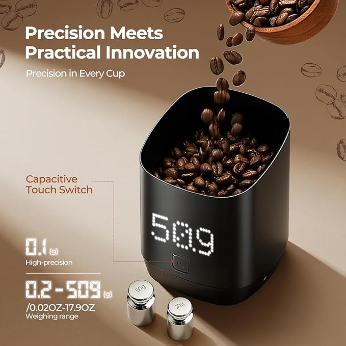 Digital Coffee bean Dosing Cup with LED Display, 0.1g High Precision Espresso Scale for Coffee Beans & Grounds, Touch Sensor Brewing Accessory for Espresso & Pour Over, Ideal for CoffeeLovers -Black
