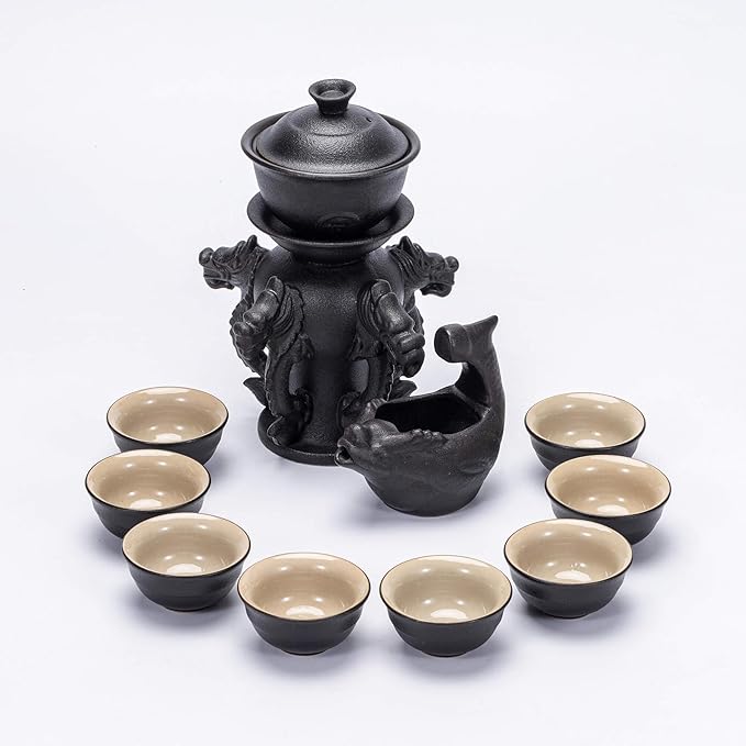 Ceramic Teapot with Infuser Loose Leaf Tea Teapot with 8 cups, Kungfu Tea Sets (Black Dragons)