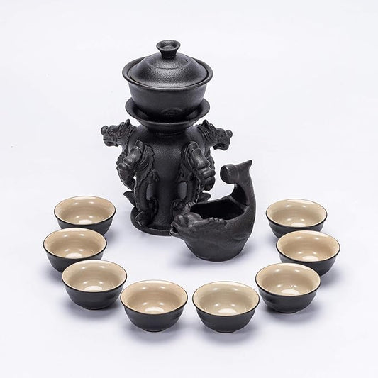 Ceramic Teapot with Infuser Loose Leaf Tea Teapot with 8 cups, Kungfu Tea Sets (Black Dragons)