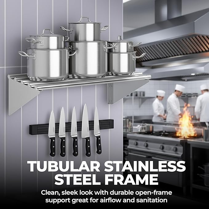 Premium Stainless Steel Tubular Wall Shelf – 14" D x 48" L | NSF Certified | Equipment & Appliance Wall Shelf for Kitchen, Restaurant, Utility Room